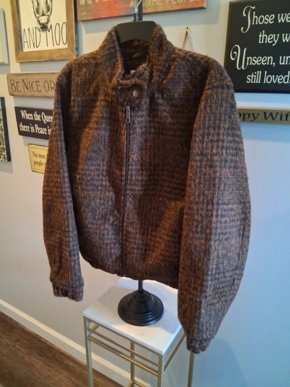 Brown & Black Plaid Wool-Look Bomber Jacket with Stand-Up Collar – Women’s L / U